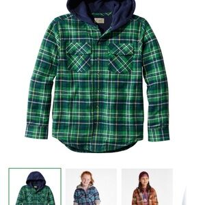 L.L. Bean Green and Blue Plaid Button Down Shirt with Hood